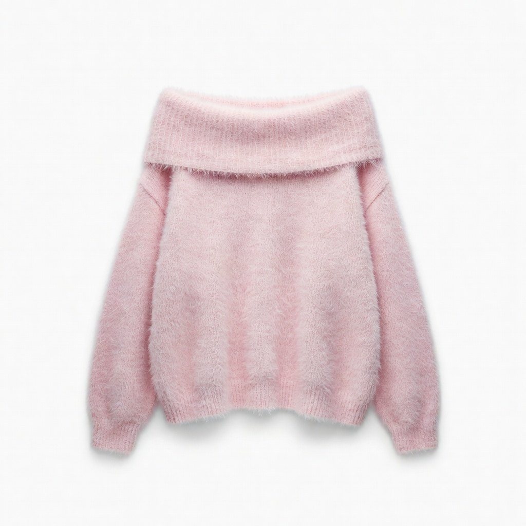 Pull duveteux rose pastel à épaules dénudées