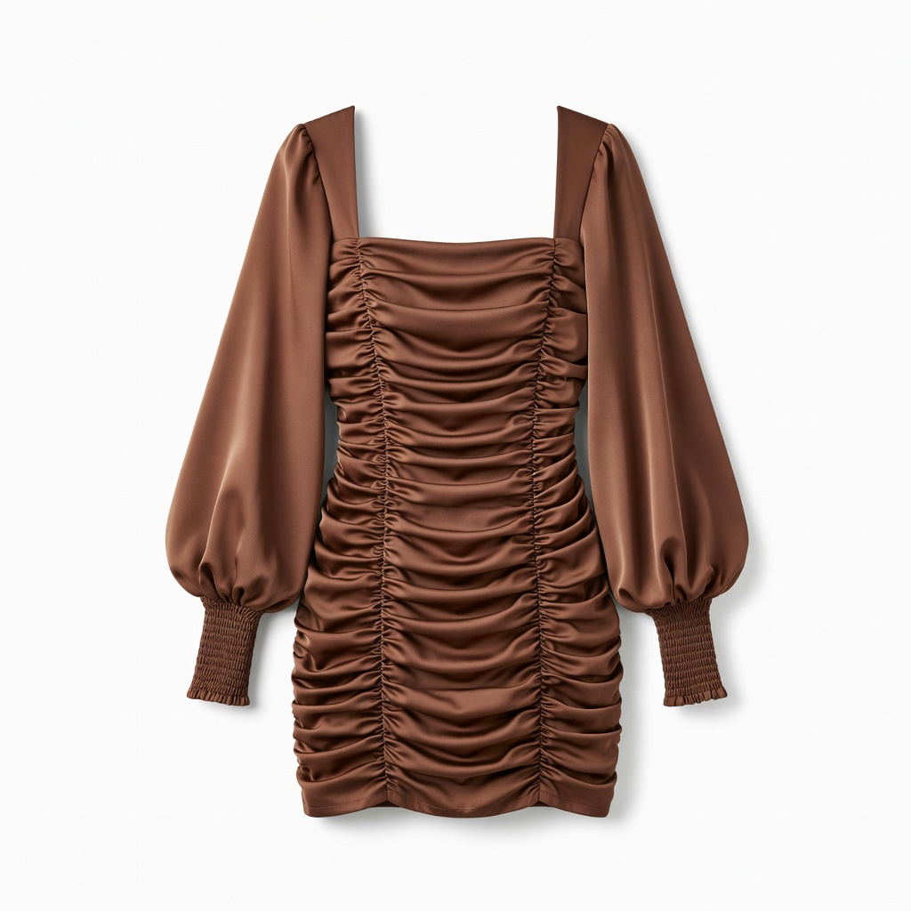 브라운 셔링 미니 드레스