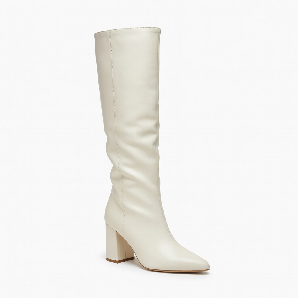 Creme Slouch Kniehohe Blockabsatz-Stiefel