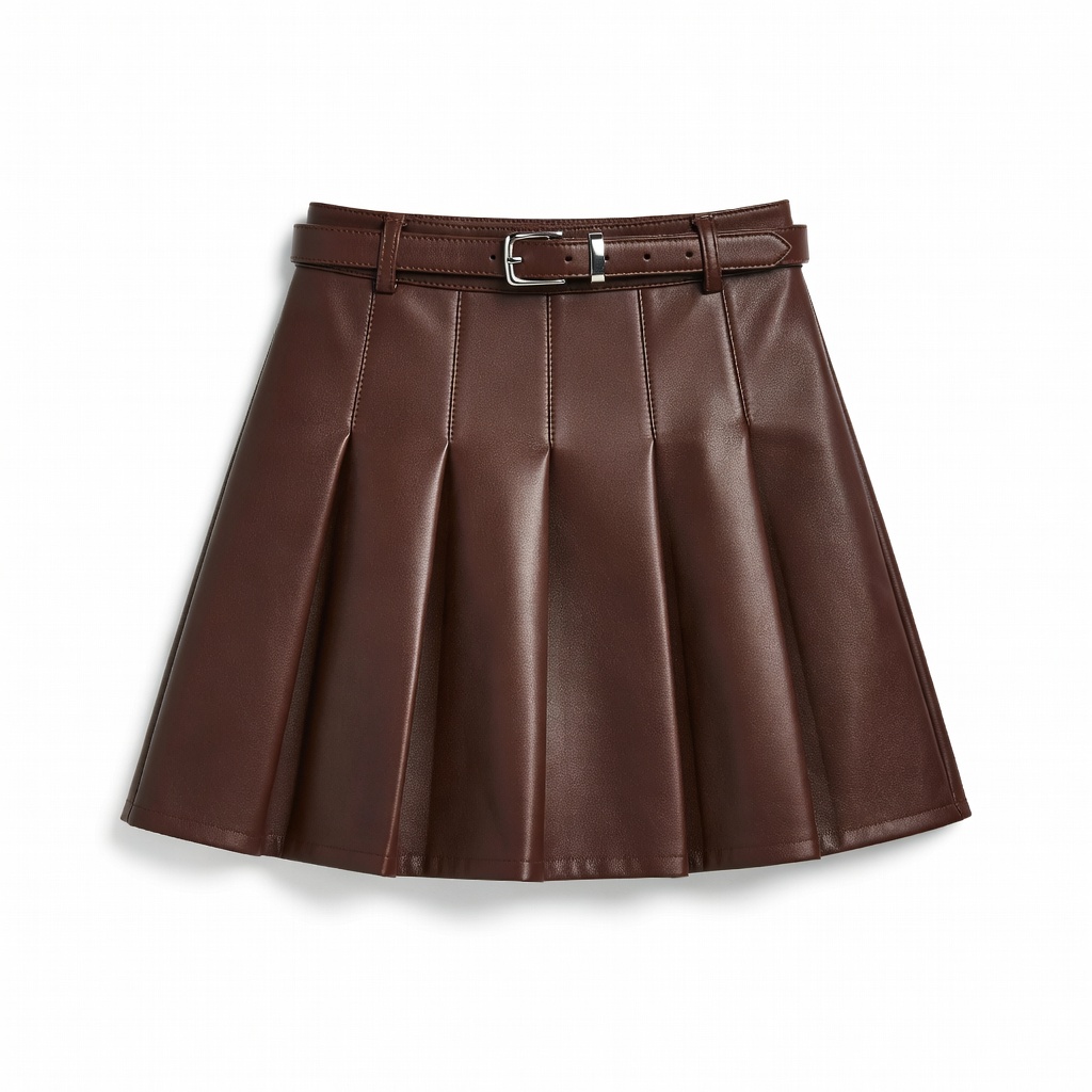 Pleated Chocolate Brown Leather Mini Skirt