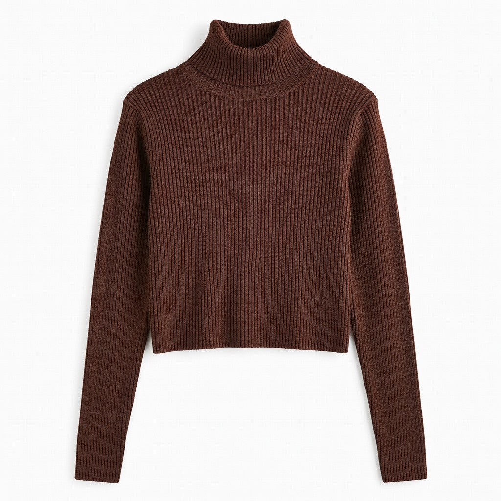 Chocolate Brown Ribbed Turtleneck Crop Sweater