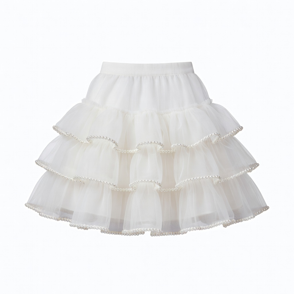 White Pearl Trim Tulle Skirt