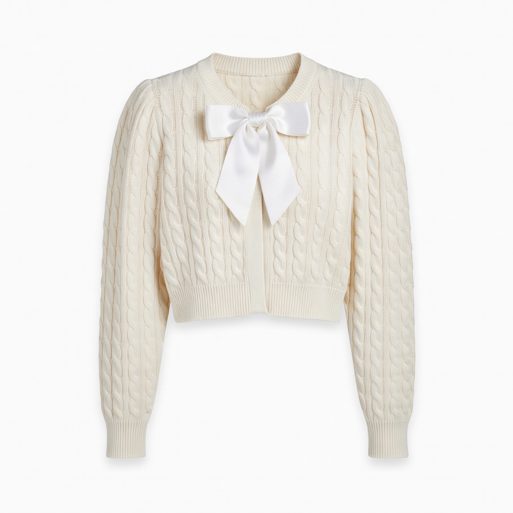 Cream Cable Knit Bow Cardigan