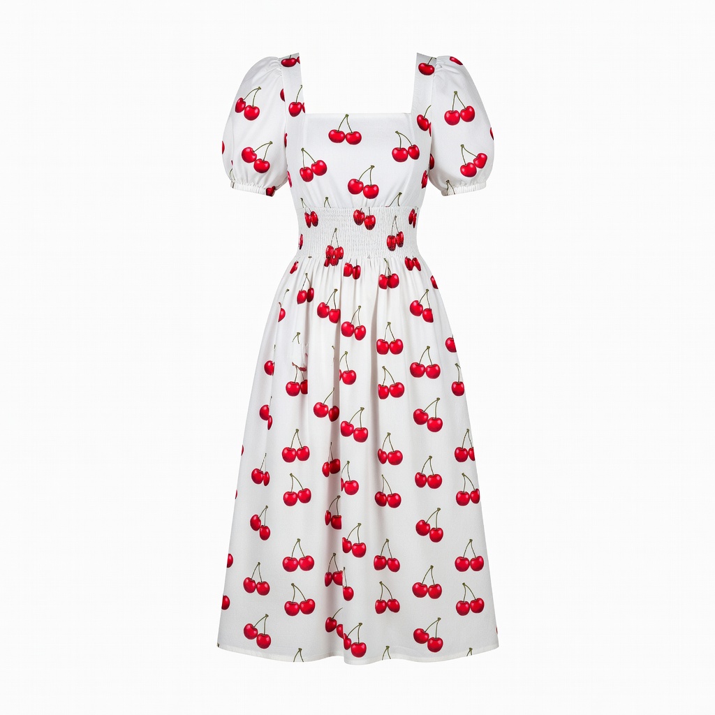 White Cherry Print Midi Dress