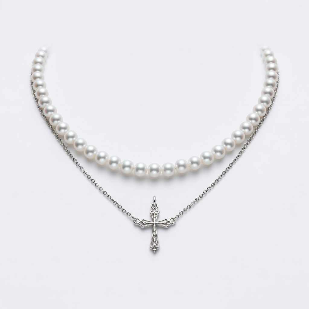 Layered Pearl Cross Necklace