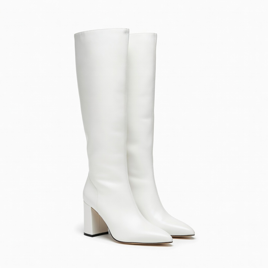 Weiße kniehohe Stiefel mit Blockabsatz