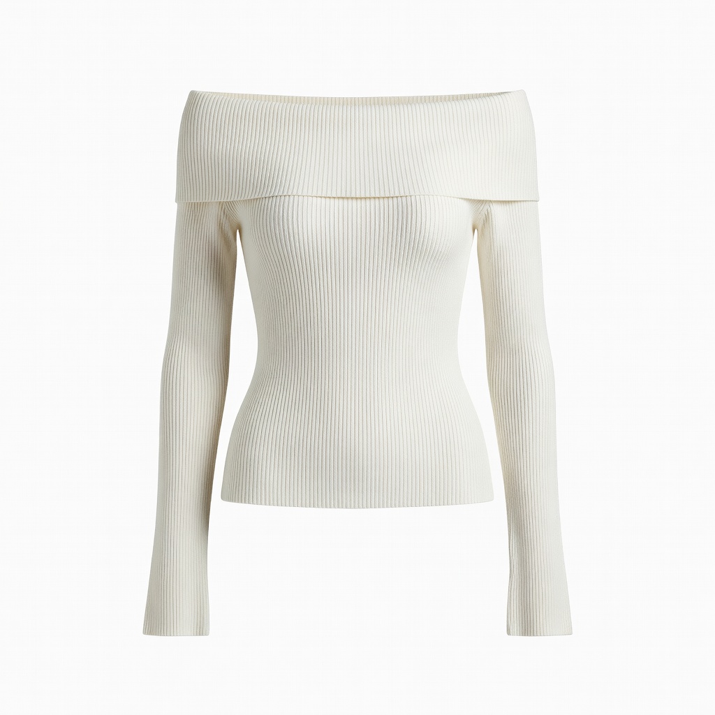 Cremefarbener Off-Shoulder Rippstrick-Crop-Pullover