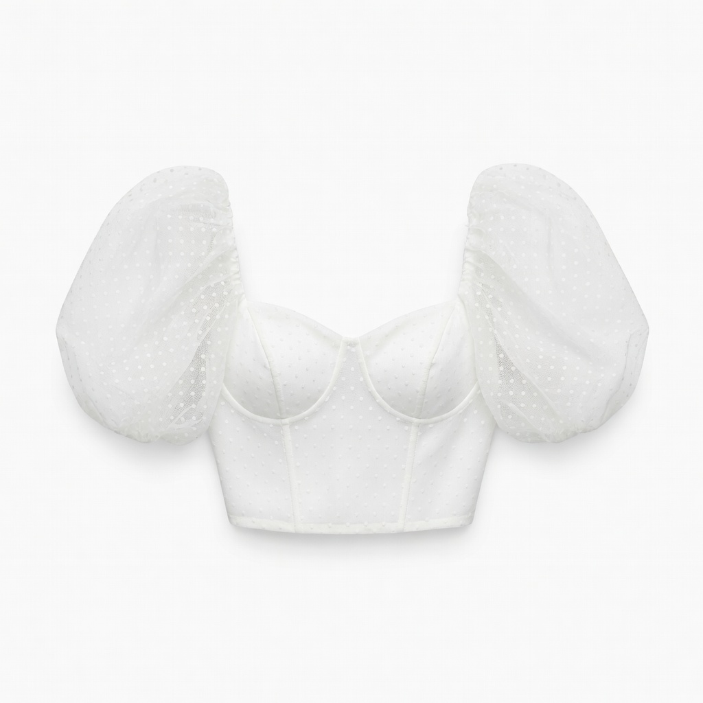 Blusa corsé blanca de lunares con mangas abullonadas transparentes