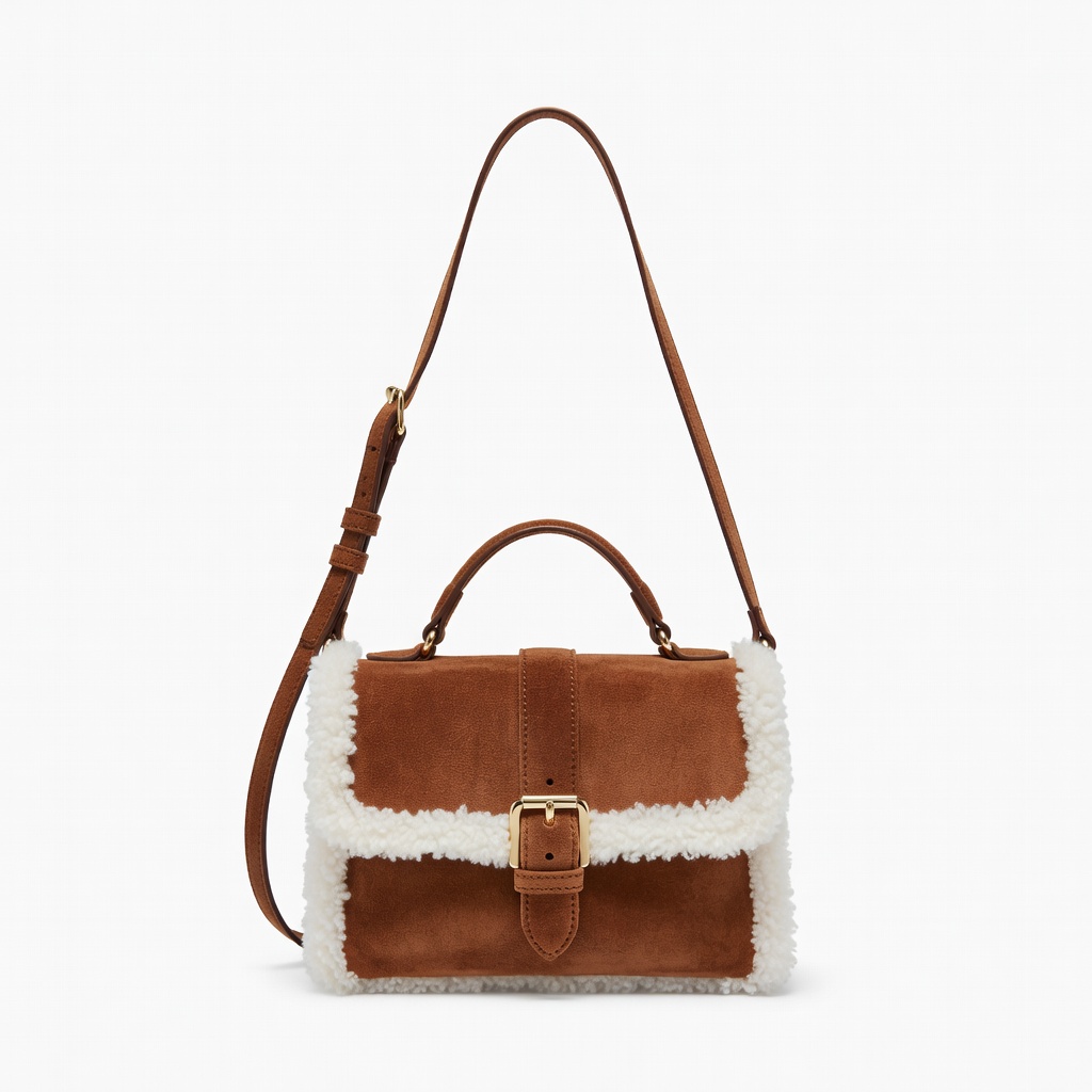 Brown Shearling Trim Shoulder Bag