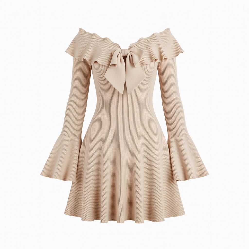 Vestido mini de malha canelada com ombros descobertos