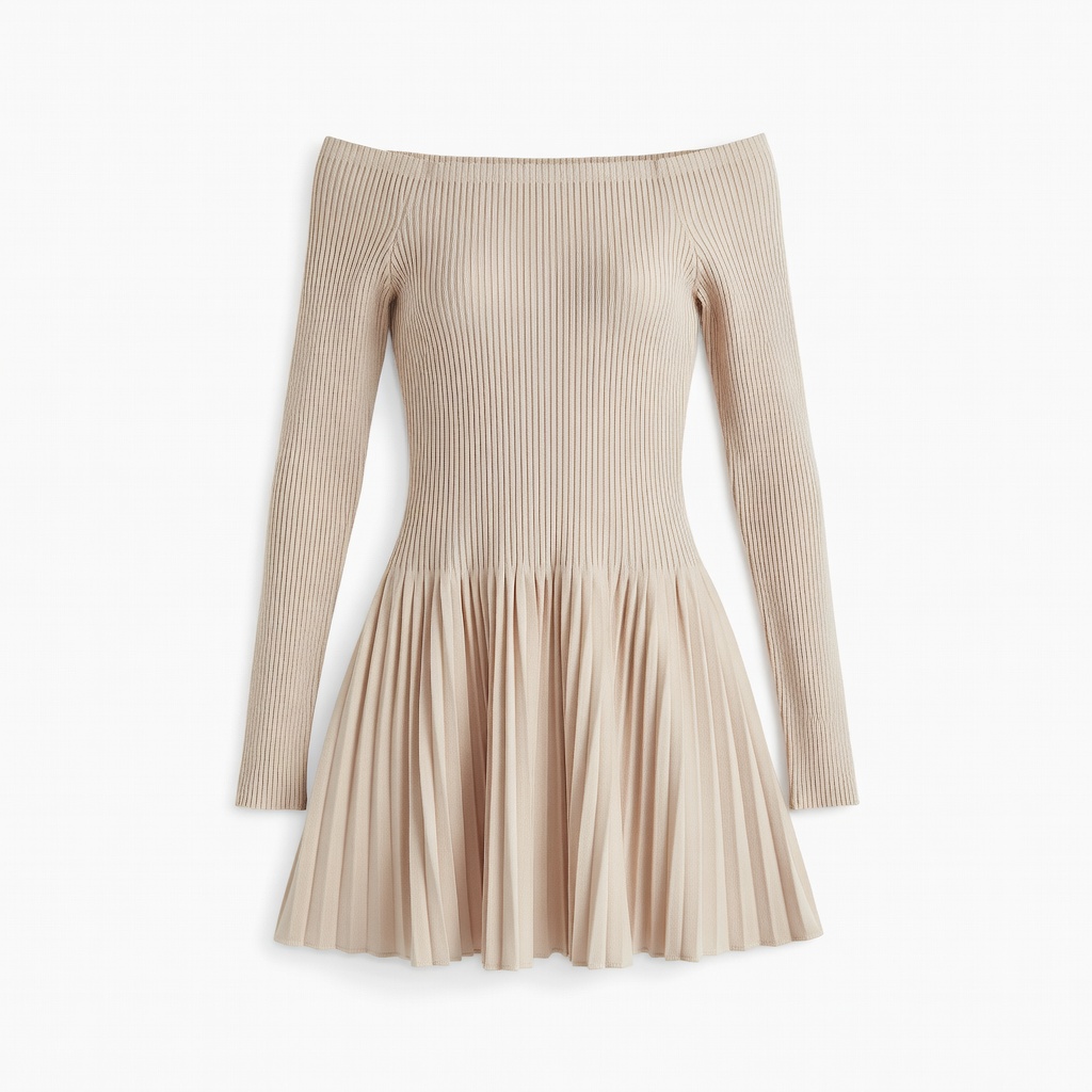 Beige Ribbed Knit Off-Shoulder Mini Dress