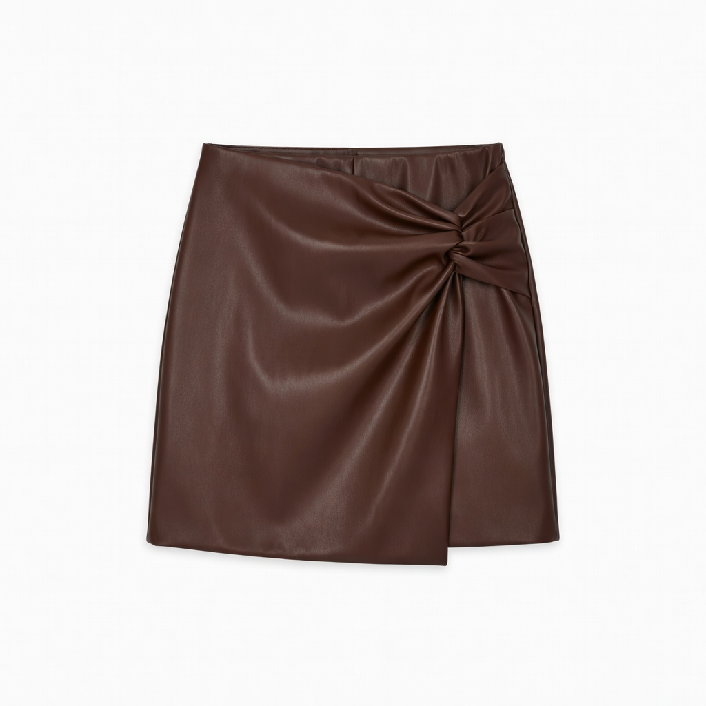 Brown Leather Wrap Mini Skirt
