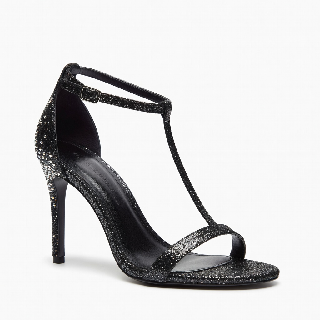 Schwarze Glitzer-Stiletto-Sandalen