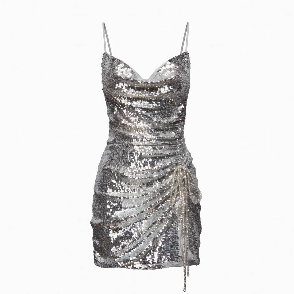 Silver Sequin Ruched Mini Dress