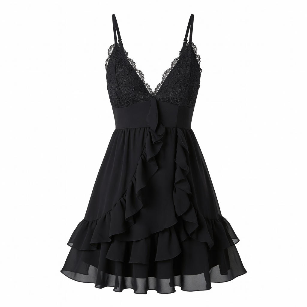Black Lace Ruffle Mini Dress