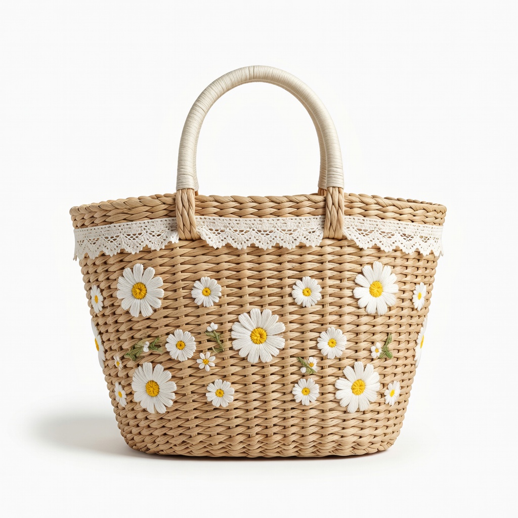 Straw Daisy Lace Basket Bag