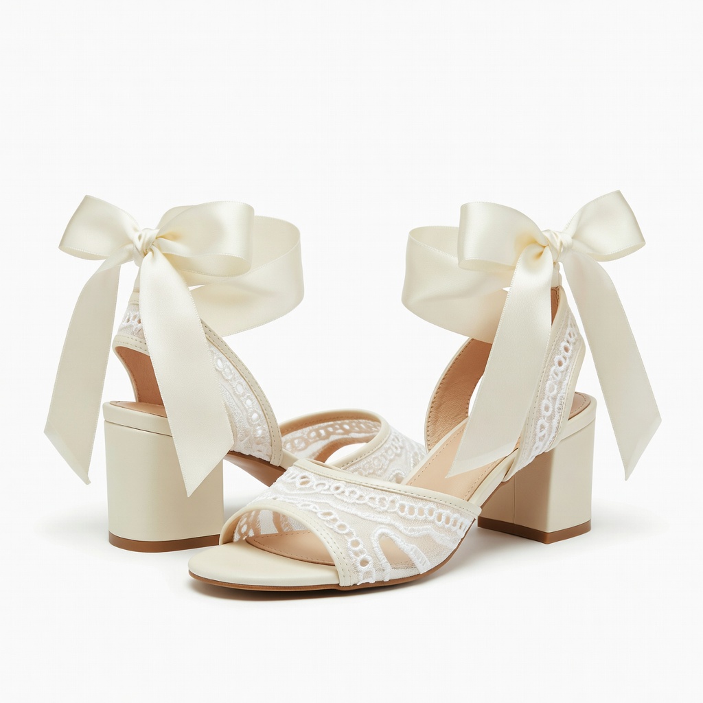 Cream Lace-Up Block Heel Sandals