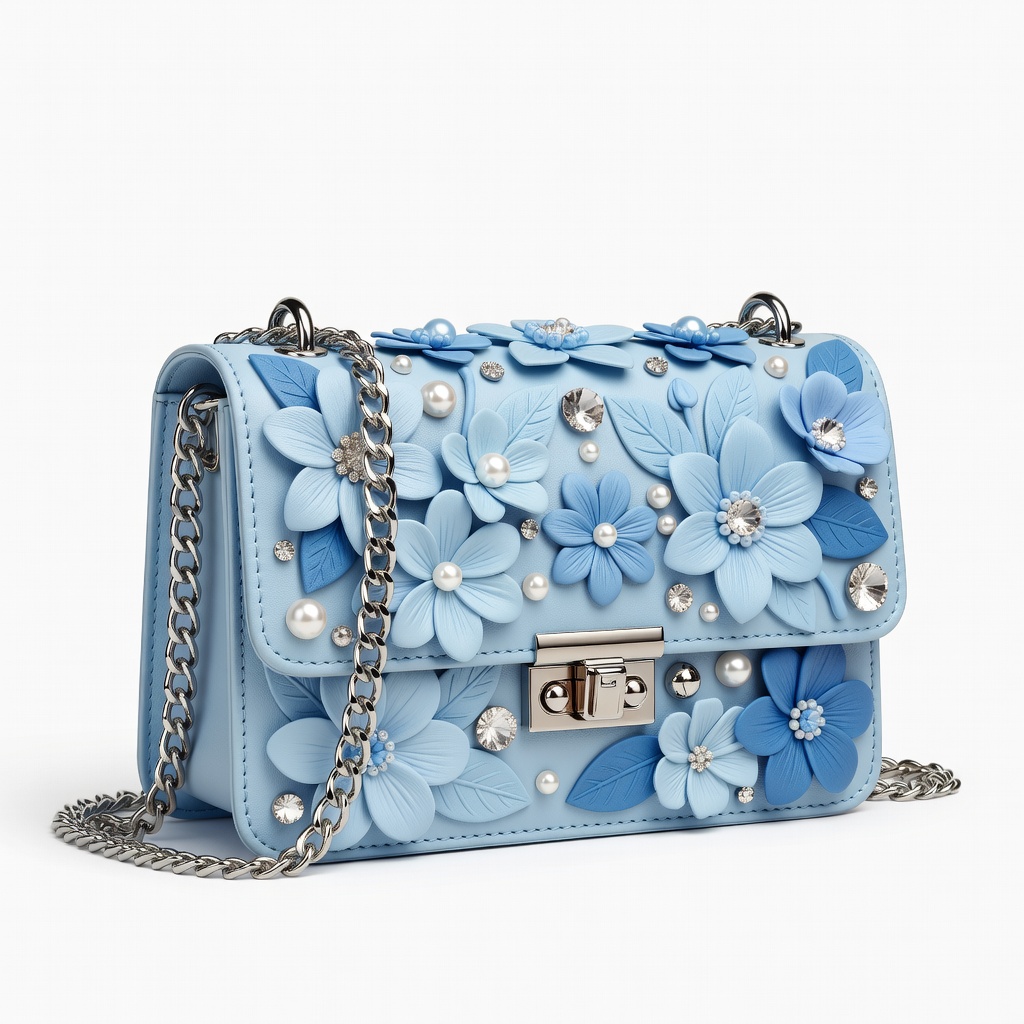 Powder Blue Floral Embellished Handbag