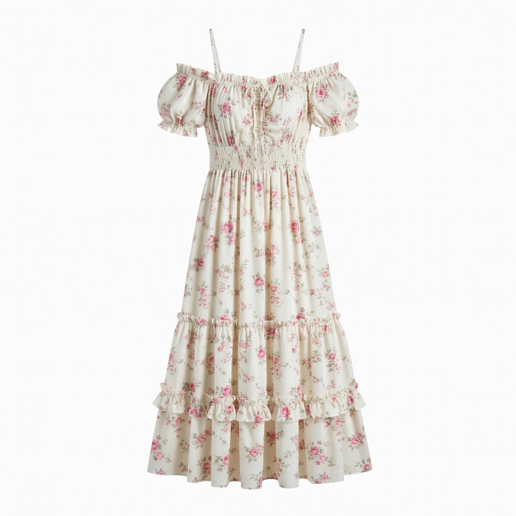 Cream Floral Off-Shoulder Maxi Dress