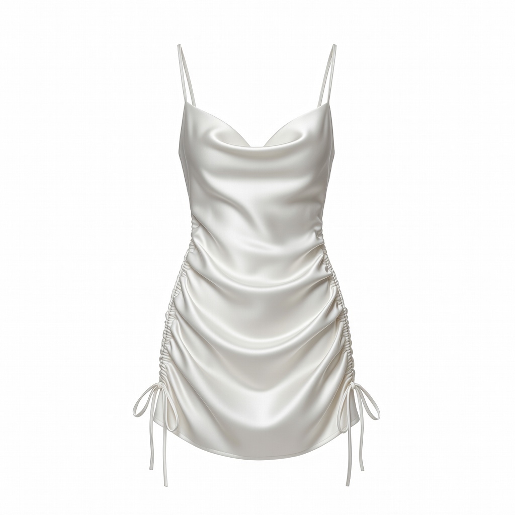 White Ruched Satin Mini Dress