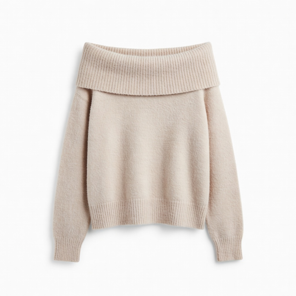 Beige Off-Shoulder Knit Sweater