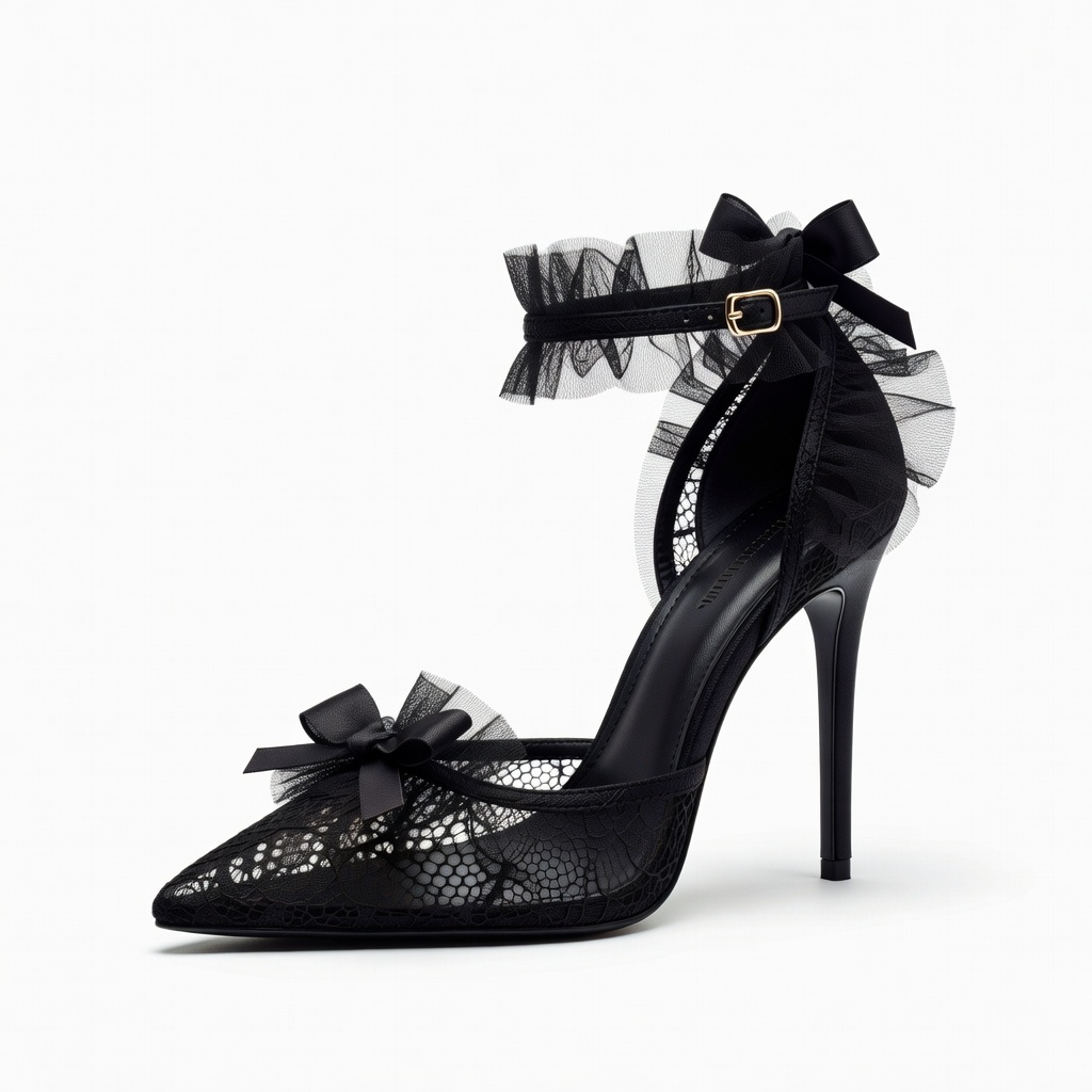 Black Lace Stiletto Heels with Tulle Bows