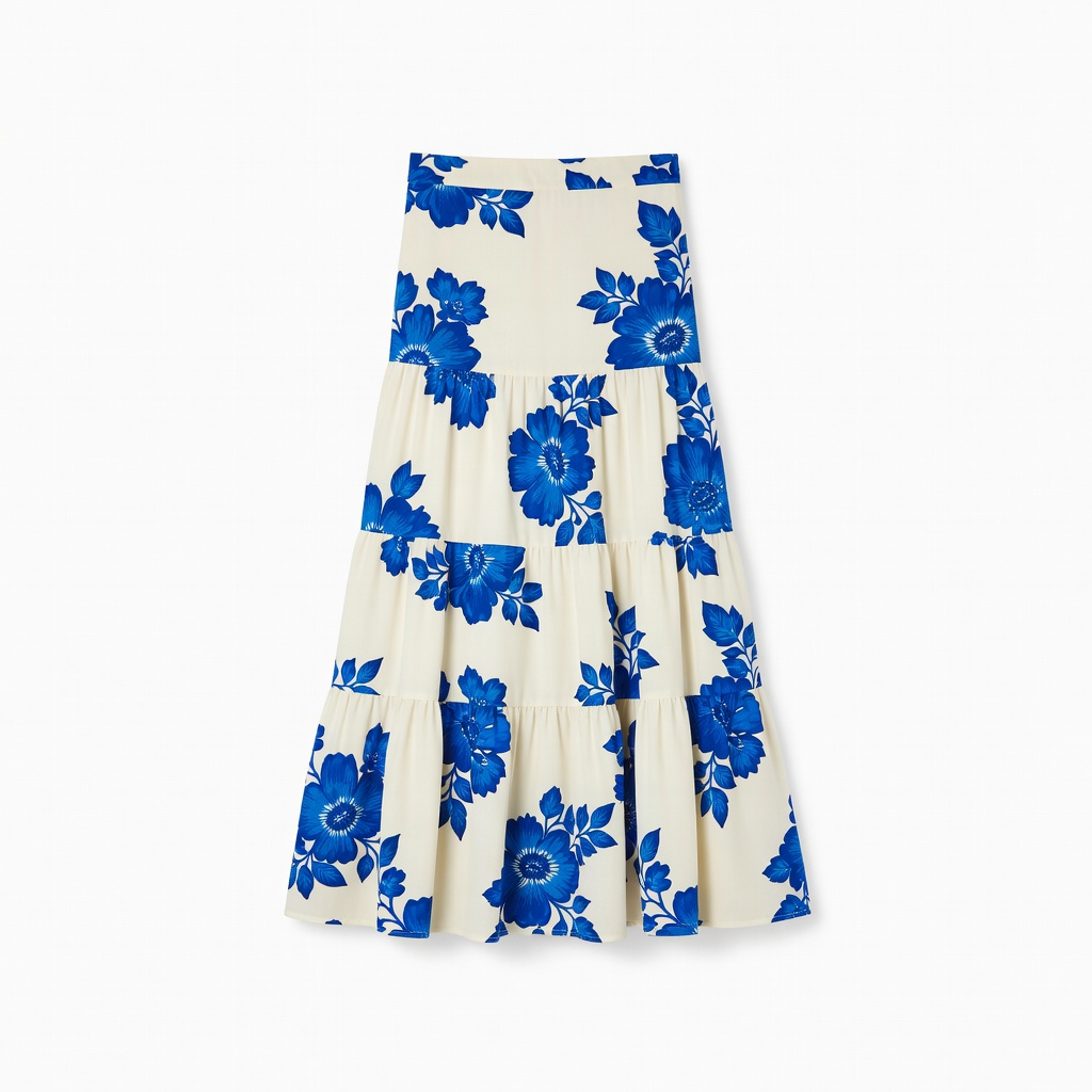 Blue Floral Print Tiered Skirt