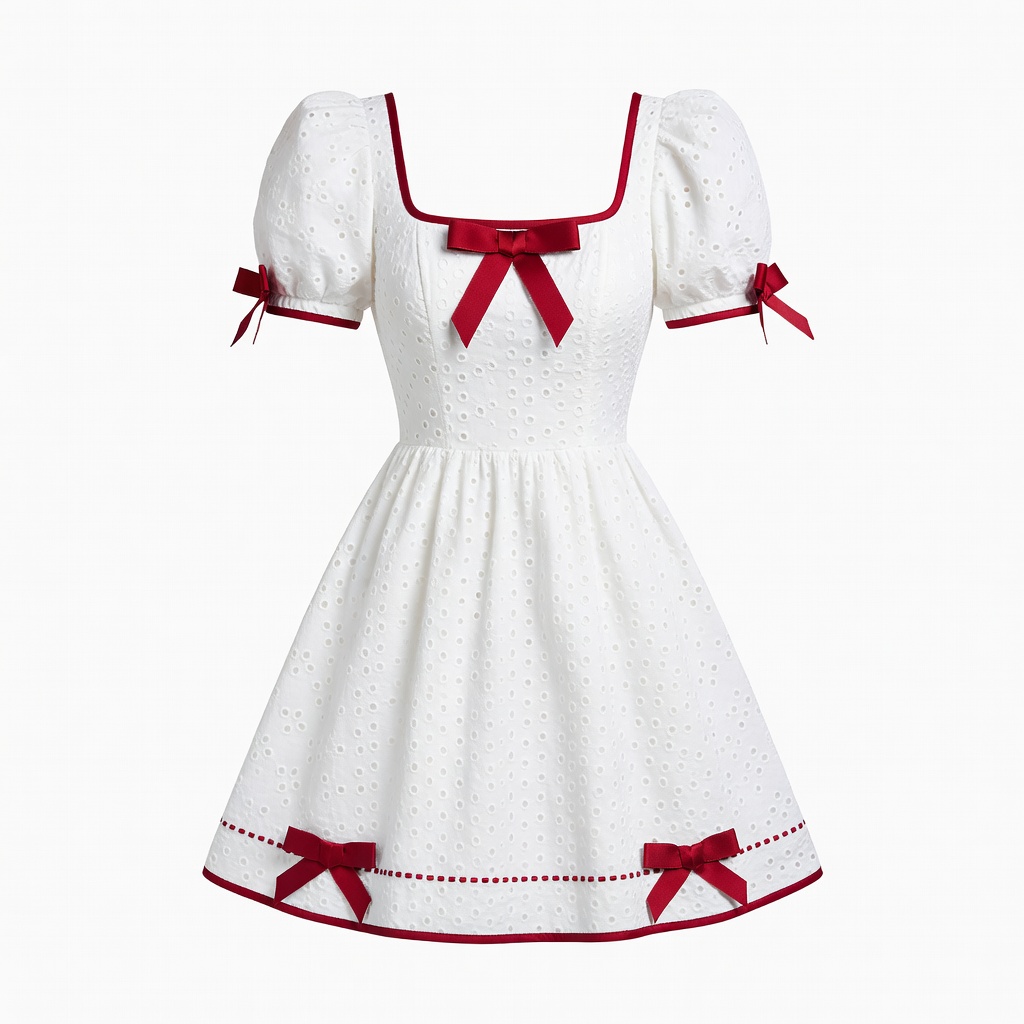 White Eyelet Mini Dress with Red Bows
