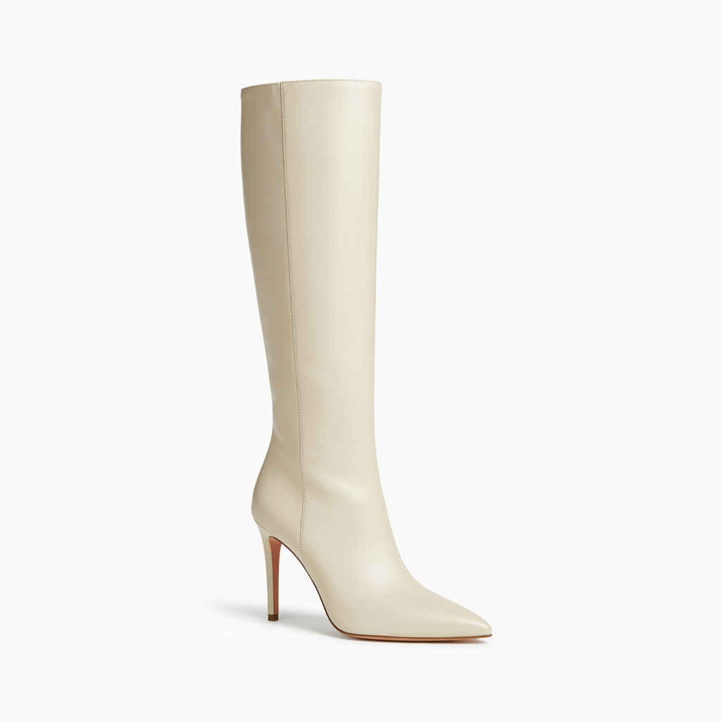 Cream Knee-High Stiletto Boots