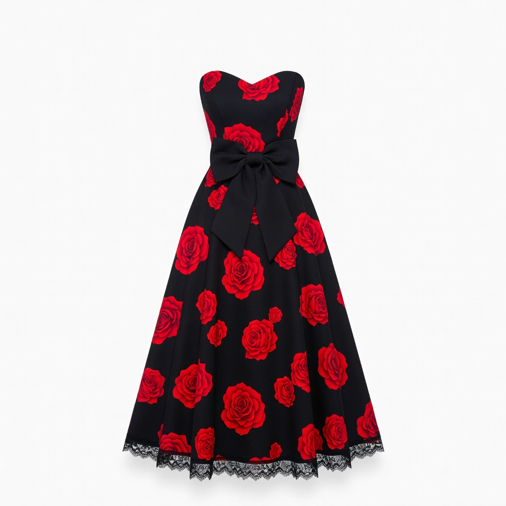 Schwarzes Rosenprint-Kleid
