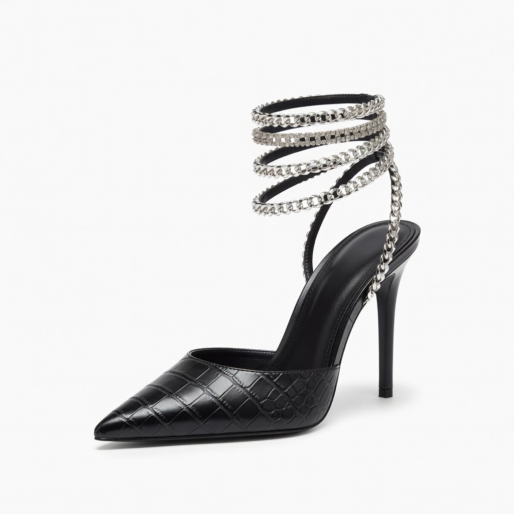 Schwarze High Heels mit Strass-Kette