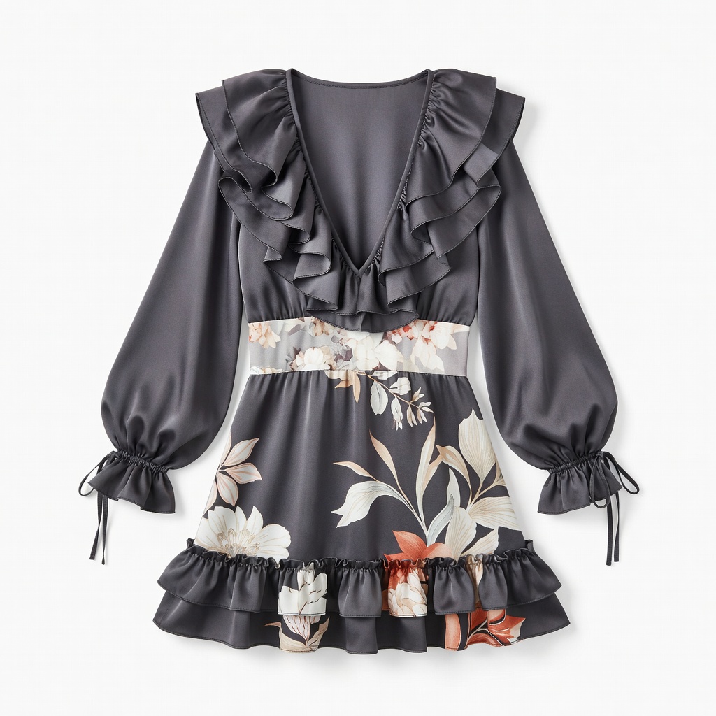 Ruffled Floral Satin Mini Dress