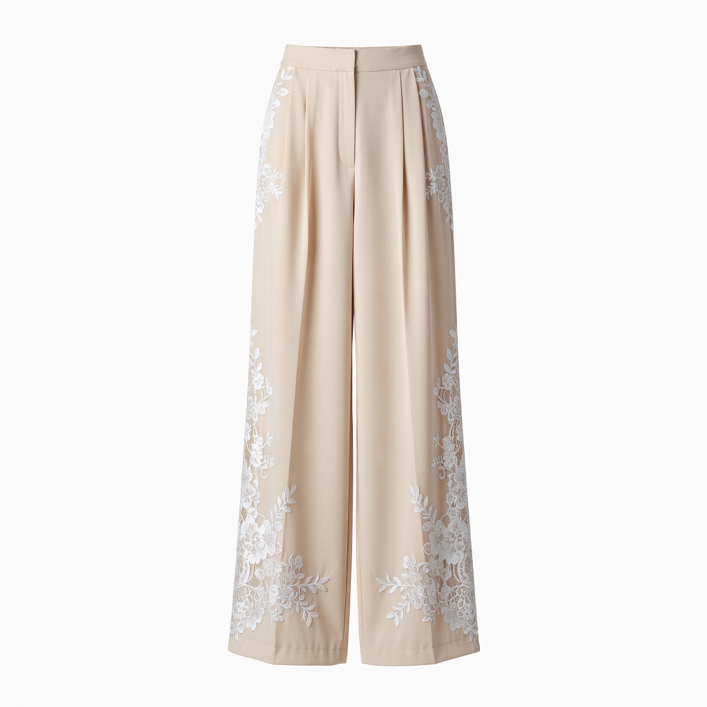 Beige Wide-Leg Lace Embroidered Trousers