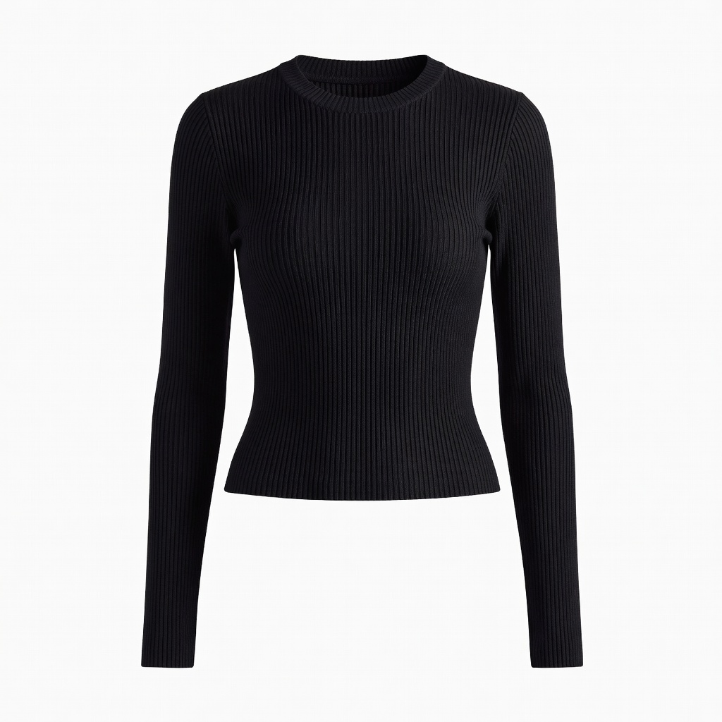 Black Ribbed Long-Sleeve Top