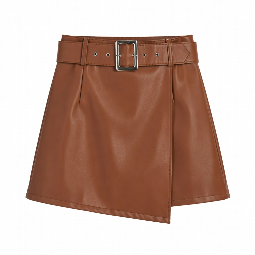 Brown Leather Mini Skirt with Belt