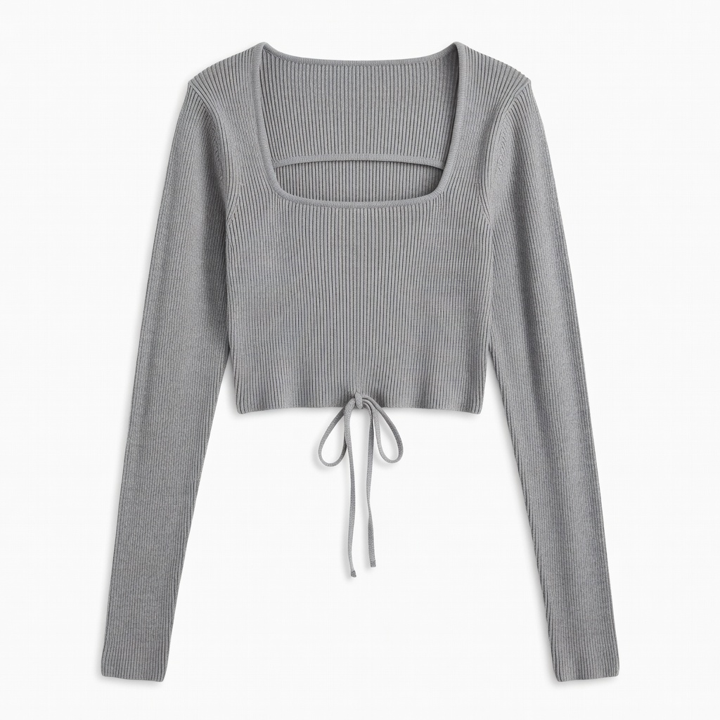 Gray Ribbed Cutout Long Sleeve Top
