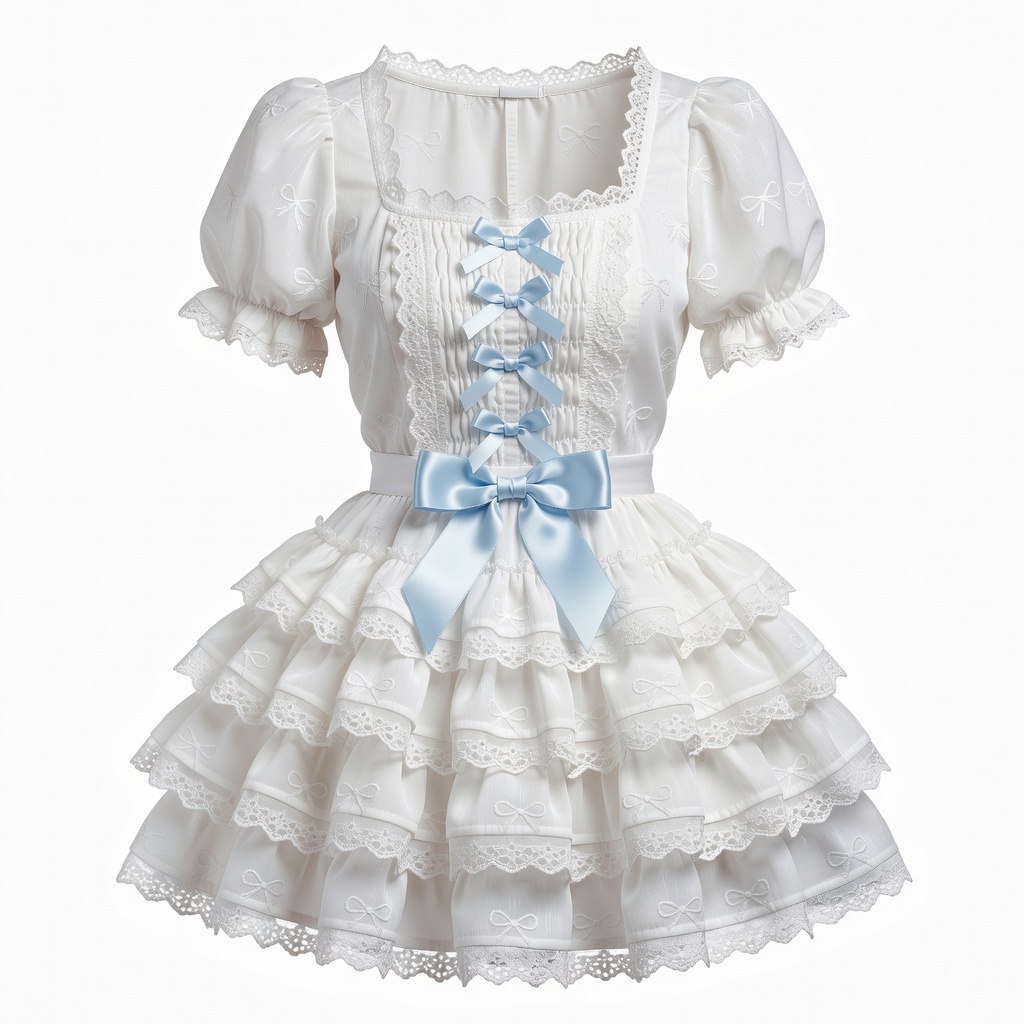 White Tiered Ruffle Mini Dress With Blue Satin Bows