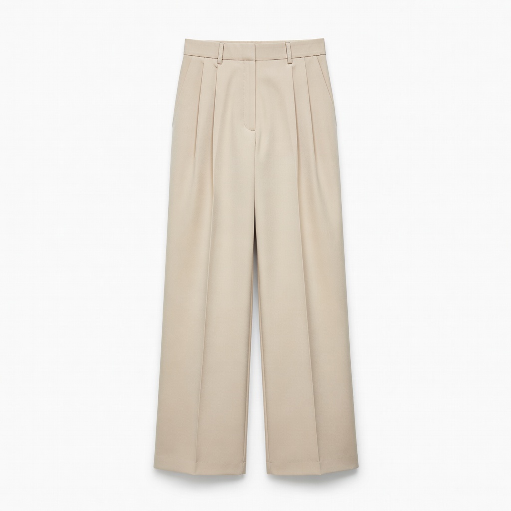 Beige Wide-Leg Pleated Trousers