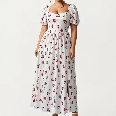 Vestido midi blanco con estampado de cerezas