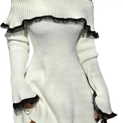 Robe mini blanche à épaules dénudées en maille côtelée