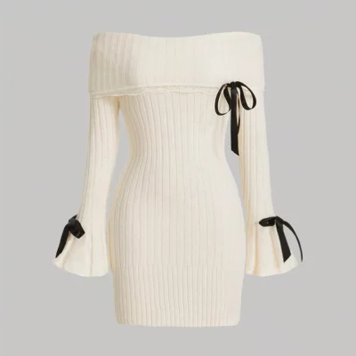 Robe mini blanche à épaules dénudées en maille côtelée