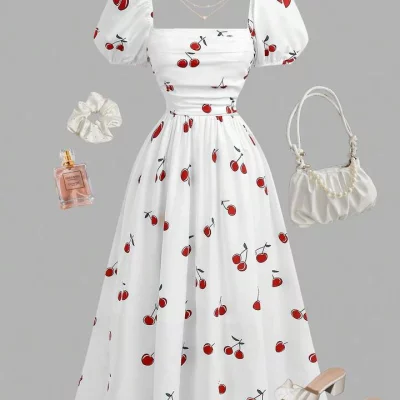 Vestido midi blanco con estampado de cerezas