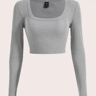 Gray Ribbed Cutout Long Sleeve Top