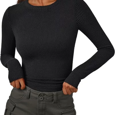 Black Ribbed Long-Sleeve Top