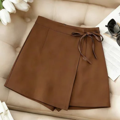 Brown Leather Mini Skirt with Belt