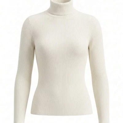 Cream Ribbed Turtleneck Sweater
