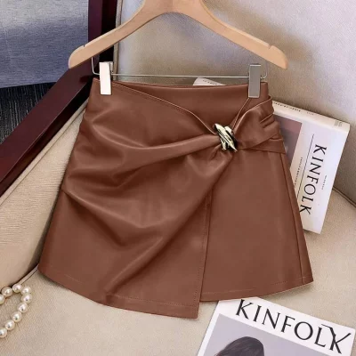 Brown Leather Mini Skirt with Belt