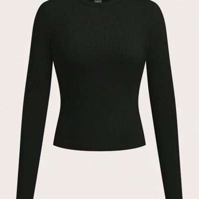Black Ribbed Long-Sleeve Top