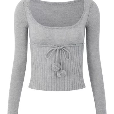 Gray Ribbed Cutout Long Sleeve Top