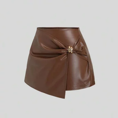 Brown Leather Mini Skirt with Belt
